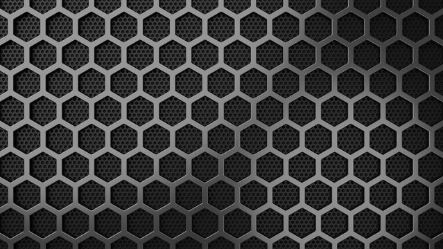 Hexagon metal grid background. Dark speaker grill pattern. 3D rendered image