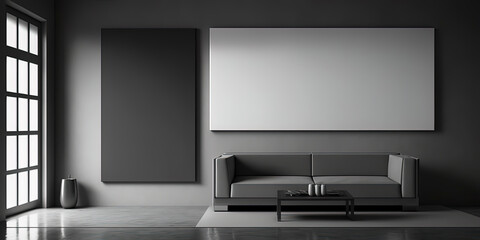 pop minimalistic modern interior grey wall of living room with one art board hanging on the wall