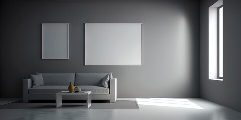 pop minimalistic modern interior grey wall of living room with one art board hanging on the wall