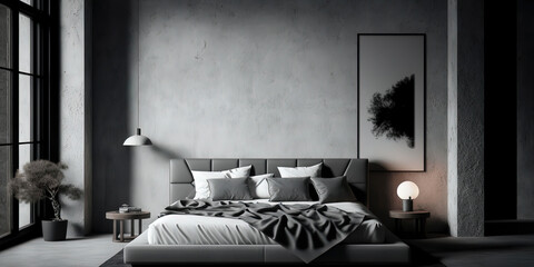 poster mockup, minimalistic bedroom with concrete walls, a leather bed, render, black and white color scheme