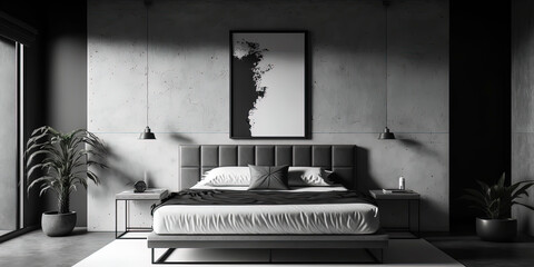 poster mockup, minimalistic bedroom with concrete walls, a leather bed, render, black and white color scheme