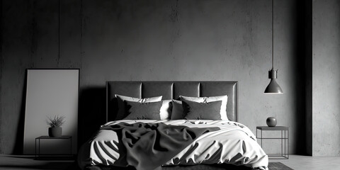 poster mockup, minimalistic bedroom with concrete walls, a leather bed, render, black and white color scheme
