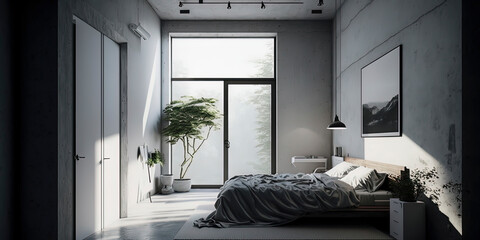 produce an ultra realistic photo of a minimal interior design of a bedroom with open modern bathroom