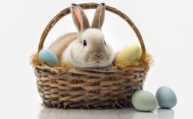 The rabbit is sitting in a basket. A cute and fluffy rabbit. On a white background. Generative AI
