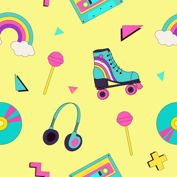 Nostalgia for 90s seamless pattern. Vintage cassette, roller skate, lolipop, disk, headphones elements for fabric, wrapping paper.  Memphis style. Funny print