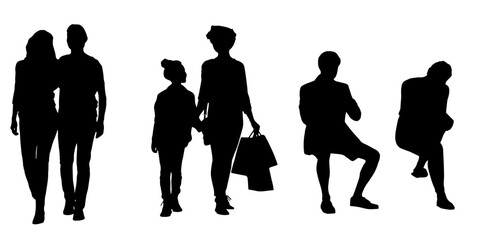 Set of silhouettes of men and a women, a group of standing 
 people black color isolated on white background