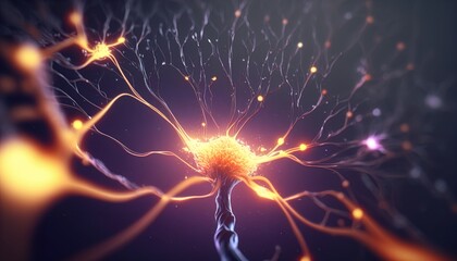 Firing neurons in the brain, bright neon colors and sparkles in 8K created with generative ai technology