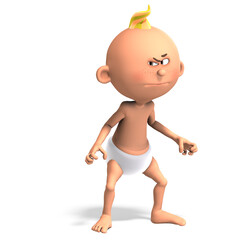 3D-illustration of a cute and funny cartoon baby with a diaper is so angry