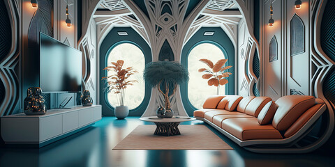 render of futuristic interior of living room, vivid color AI-Generated