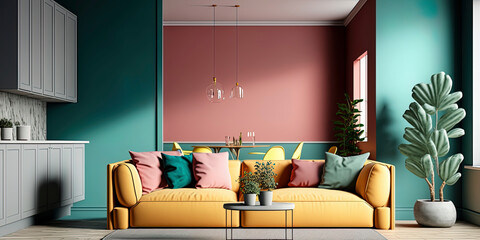 render of minimalist interior of living room with vivid colors
