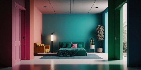 Render of minimalist living room interior with vivid color scheme AI-Generated