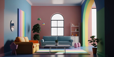 Minimalist and colorful living room interior in render image