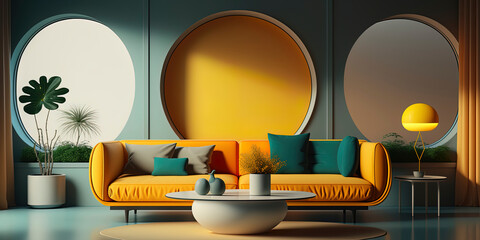 Minimalist living room interior with vivid colors in render image