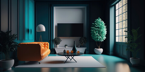 Vivid colors create a minimalist and modern living room interior in render AI-Generated