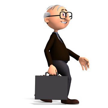 3D-illustration of a cute and funny cartoon old guy with a suite case on the way to his work