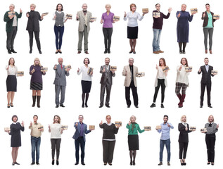 group of happy people with gifts in their hands isolated