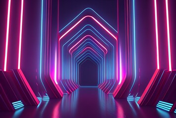 pink blue neon lines glowing in the dark., triangular shaped neon cave entrance, abstract background with glowing lines, generative AI