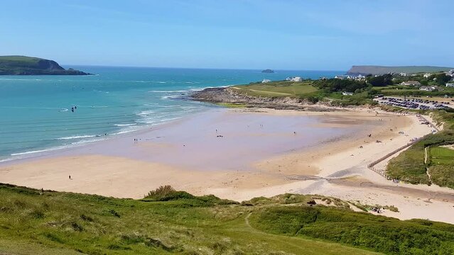 Pan shot of Daymer Bay and the River Camel Estuary, near Rock and Padstow Cornwall England UK