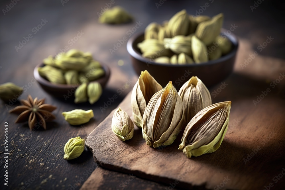 Wall mural Whole cardamom seeds over wooden background. close up macro shot. Generative AI Illustration