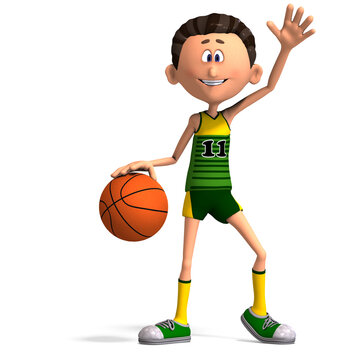3D-illustration of a cute and funny cartoon basketball player dribbling a ball and waving with his hand