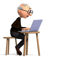 3D-illustration of a cute and funny cartoon old guy sitting in front of his notebook