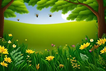 Spring or summer landscape with flowers, trees and bees. Generative-AI