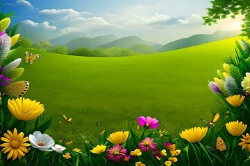 Spring or summer landscape with colourful flowers, lush grass and distant mountains. Generative-AI.