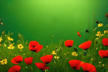 Spring, summer, green abstract background with red poppies and yellow flowers. Generative-AI