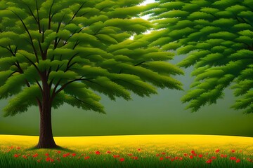 Spring landscape with red poppies, yellow rapeseed and lush trees against a green background. Generative-AI