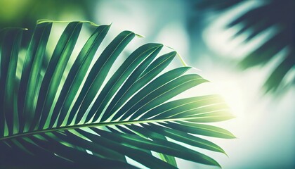 Palm leaves background. Sea view through green palm leaves and bright sunlight. ai generative