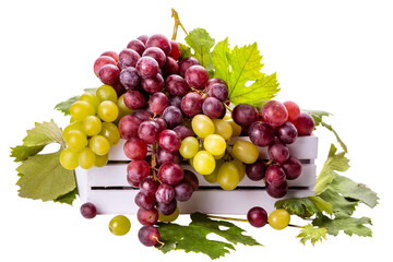 PNG. White and pink grapes with green leaves in a white wooden box