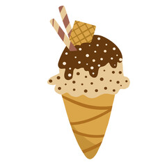 Vector illustration of ice cream in a waffle cone. Ice cream in bright colors. Sweet life.