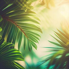 Fototapeta na wymiar Palm leaves background. Sea view through green palm leaves and bright sunlight. ai generative