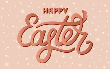 Happy Easter glittering banner brown card flat. Religious holiday greeting lettering handwritten script luxury invitation design pastel color chocolate background cute spring tradition glowing light