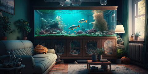 Transform a living room into an underwater oasis, using aquariums and fish tanks as the main focal point