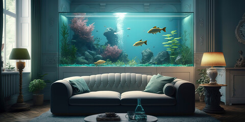 Transform a living room into an underwater oasis, using aquariums and fish tanks as the main focal point