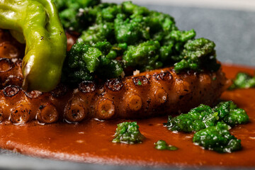 Delicious grilled octopus dish with green spicy sauce