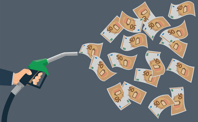 illustration vectorielle  montrant une pompe à essence crachant des billets de banque. Concept de l'augmentation du prix du carburant