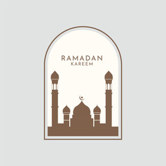 modern style Ramadan Mubarak greeting cards with retro boho design, moon, mosque dome and lanterns