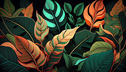 Colorful tropical leaves pattern background generative ai