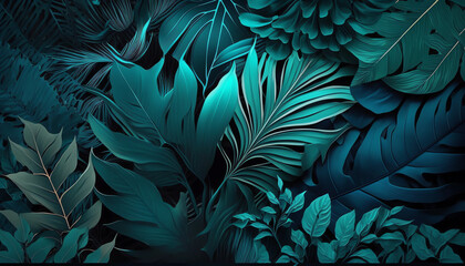 Blue tropical leaves pattern background generative ai