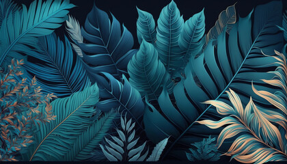Blue tropical leaves pattern background generative ai