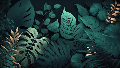 Fototapeta na wymiar Green tropical leaves pattern background generative ai