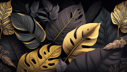 Black and yellow tropical leaves pattern background generative ai