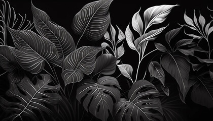 Black tropical leaves pattern background generative ai