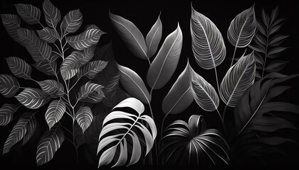 Black tropical leaves pattern background generative ai