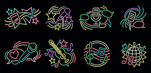 Set of neon signs for karaoke. Microphone, guitar and sheet music. Logo for night club and bar. Stand up comedy show and music party. Cartoon flat vector illustrations isolated on black background