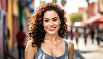 Obraz na płótnie Canvas Smiling Hispanic woman posing in a city street. Generative AI