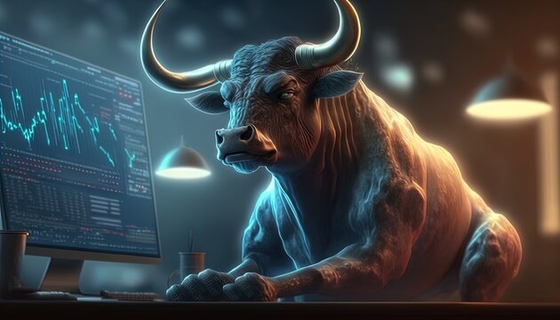 Cheering angry powerful Bull trading at computer as a concept of bullish / optimistic mindset in relation to stock prices or crypto prices in 8K created with generative ai technology