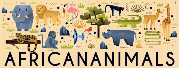 Fototapeta premium African animals set. Predators, birds, mammals and plants of savannah. Lion and cheetah, elephant and rhinoceros, gorilla and monkey, falcon and giraffe. Cartoon flat vector illustration collection